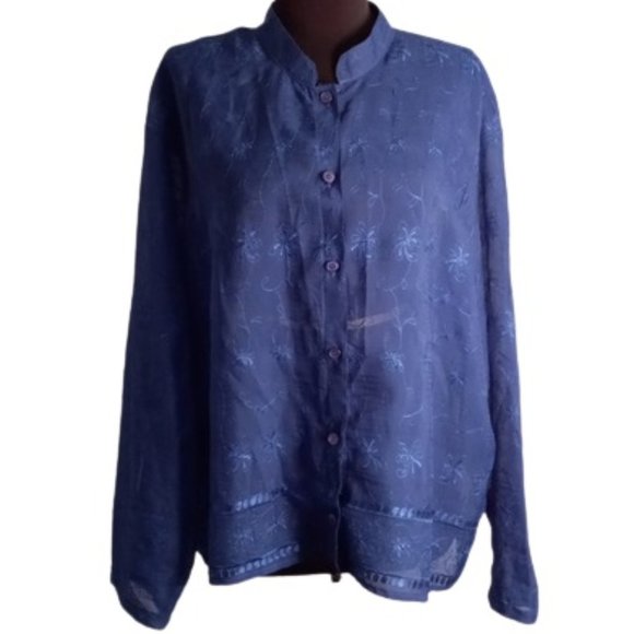 Coldwater Creek L Sheer Blue Embroidered Button Front Long Sleeve Top - Picture 1 of 9